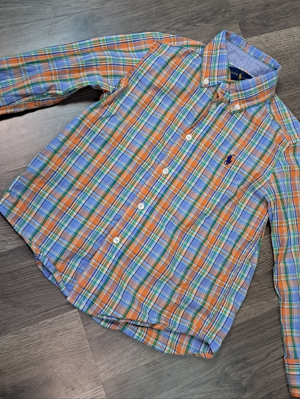Ralph Lauren Boys Size 4T Multicolor Plaid Orange And Blue Button Front